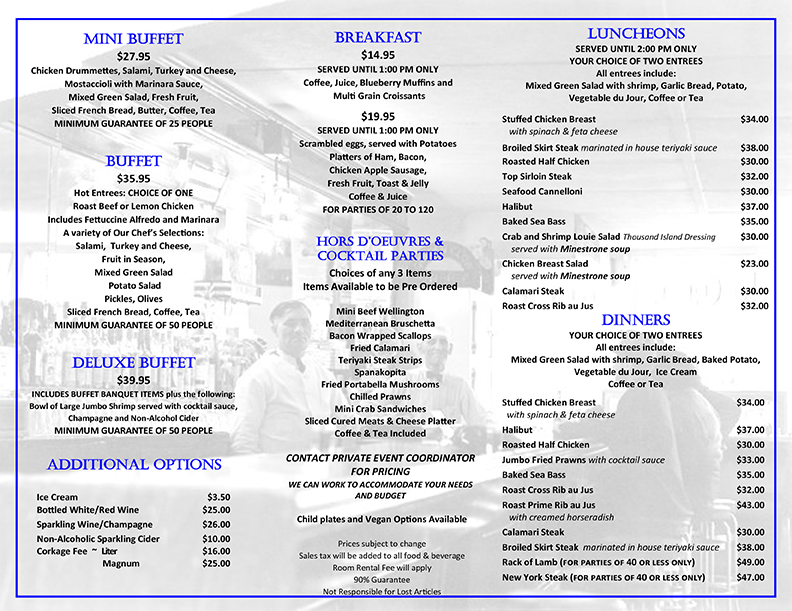 Nick's Restaurant banquet menu