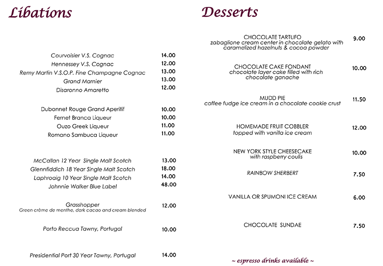 Nick's Restaurant dessert menu